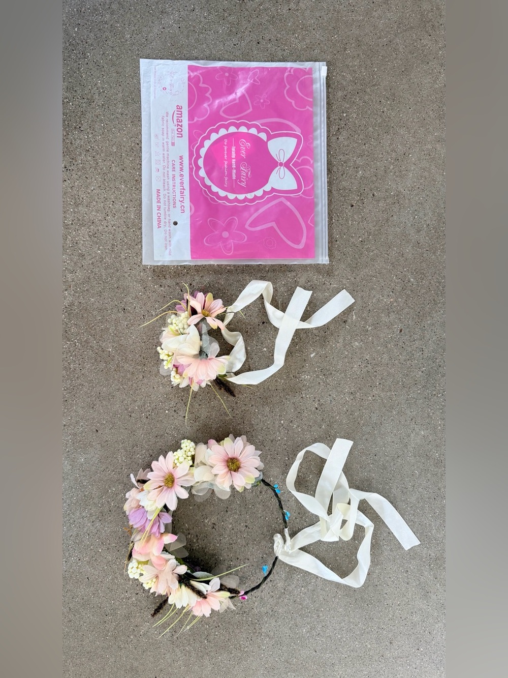 Kids Pink Floral Crown Headband with White Ribbon